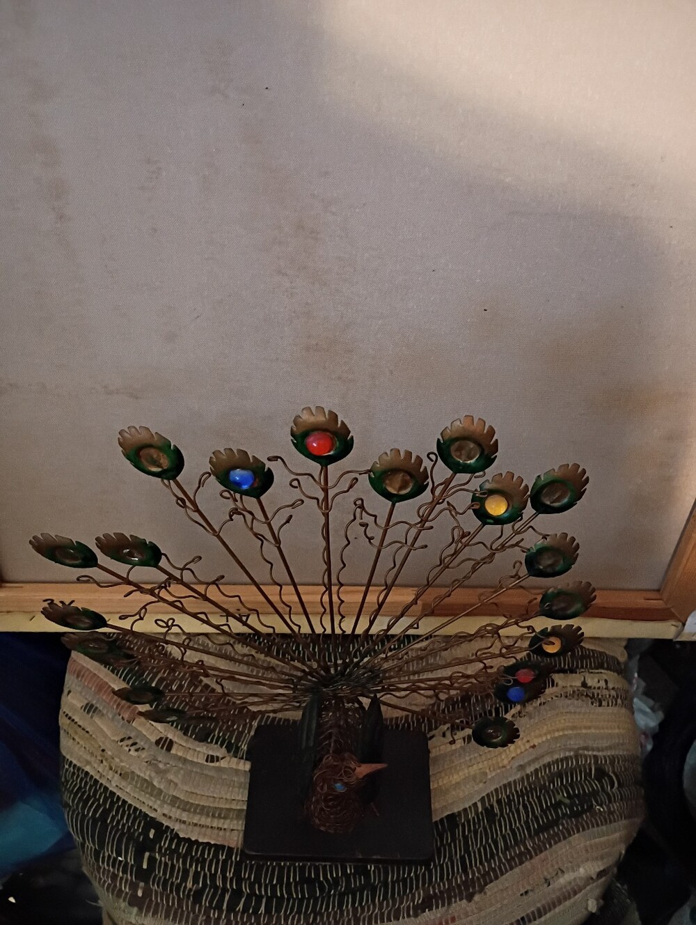 Vintage Metal Peacock Table Sculpture with Multicolor Glass Eyes